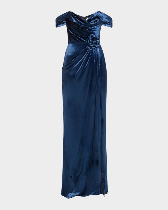 Off-Shoulder Velvet Liquid Gown with Train